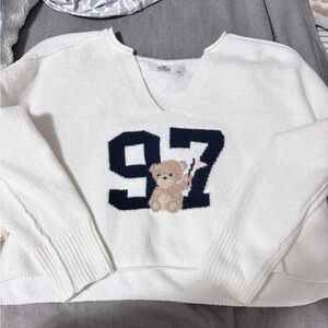 Hollister White V-Neck Sweater with Bear and Number Design